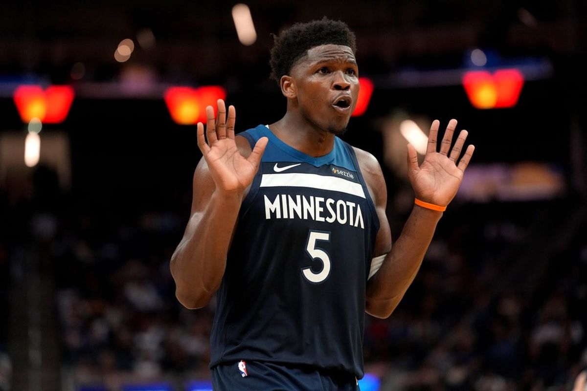 Mar 13, 2026; San Francisco, California, USA; Minnesota Timberwolves guard Anthony Edwards (5) reacts after the Timberwolves were called for a foul against the Golden State Warriors in the fourth quarter at the Chase Center. Mandatory Credit: Cary Edmondson-Imagn Images