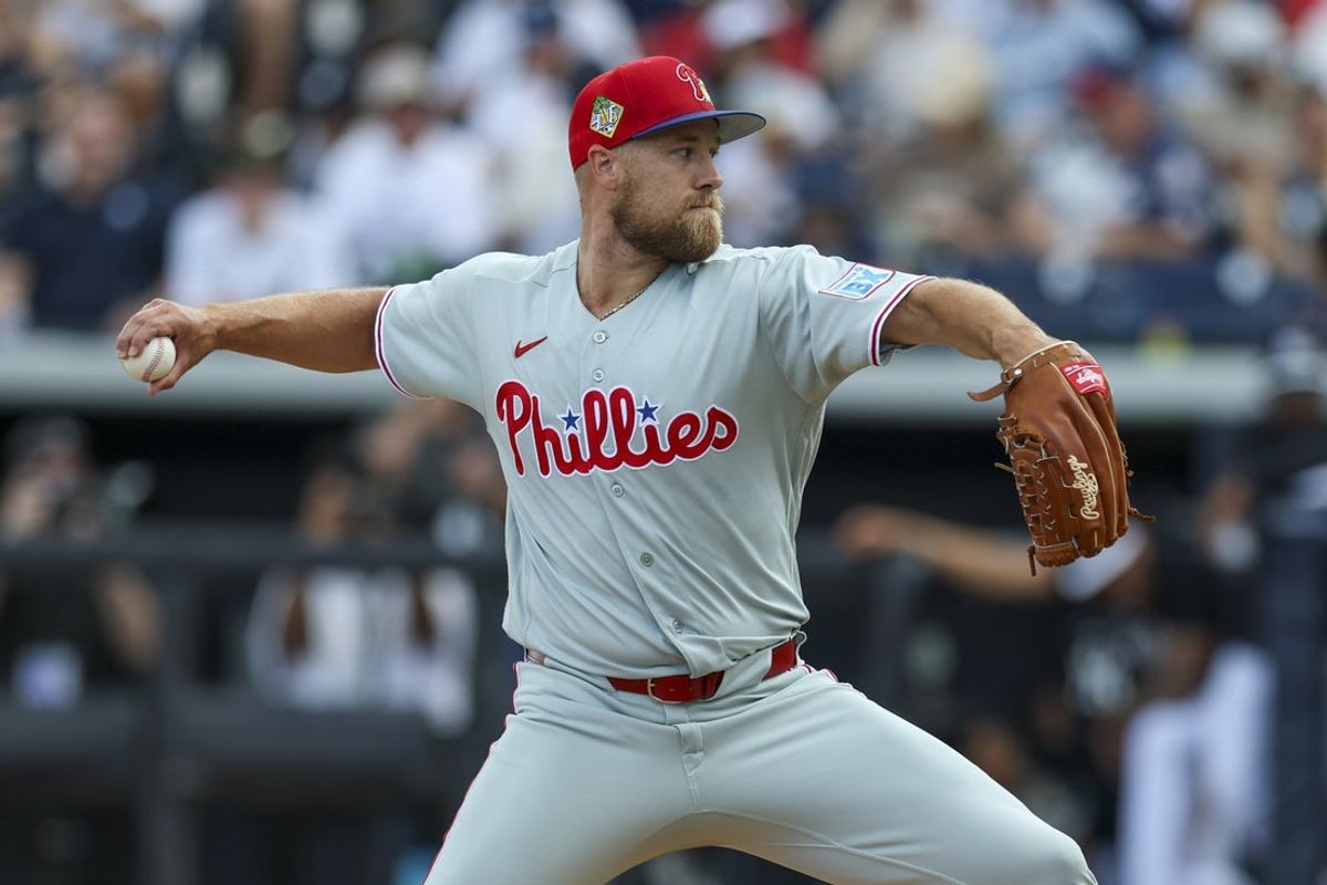 Mar 14, 2026; Tampa, Florida, USA; Philadelphia Phillies pitcher Jonathan Bowlan (52) throws a pitch against the New York Yankees in the fourth inning during spring training at George M. Steinbrenner Field. Mandatory Credit: Nathan Ray Seebeck-Imagn Images