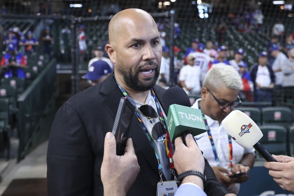 Mar 14, 2026; Houston, TX, United States; MLB former player Carlos Beltran talks with media before the game between Italy and Puerto Rico in a quarterfinal game of the 2026 World Baseball Classic at Daikin Park. Mandatory Credit: Troy Taormina-Imagn Images