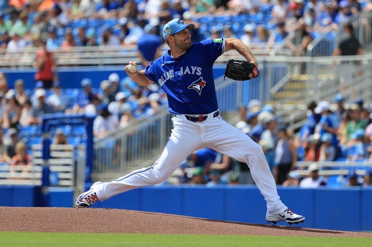 Mar 14, 2026; Dunedin, Florida, USA;  Toronto Blue Jays starting pitcher Max Scherzer (31) throws a pitch during the first inning against the Detroit Tigers at TD Ballpark. Mandatory Credit: Kim Klement Neitzel-Imagn Images