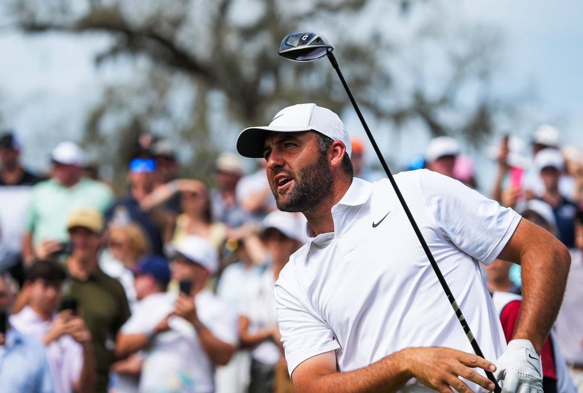 Scottie Scheffler reacts to his tee shot off the 16th hole during the third round of The Players Championship golf tournament at TPC Sawgrass, in Ponte Vedra Beach, Fla. Saturday March 14, 2026. [Doug Engle/Florida Times-Union]