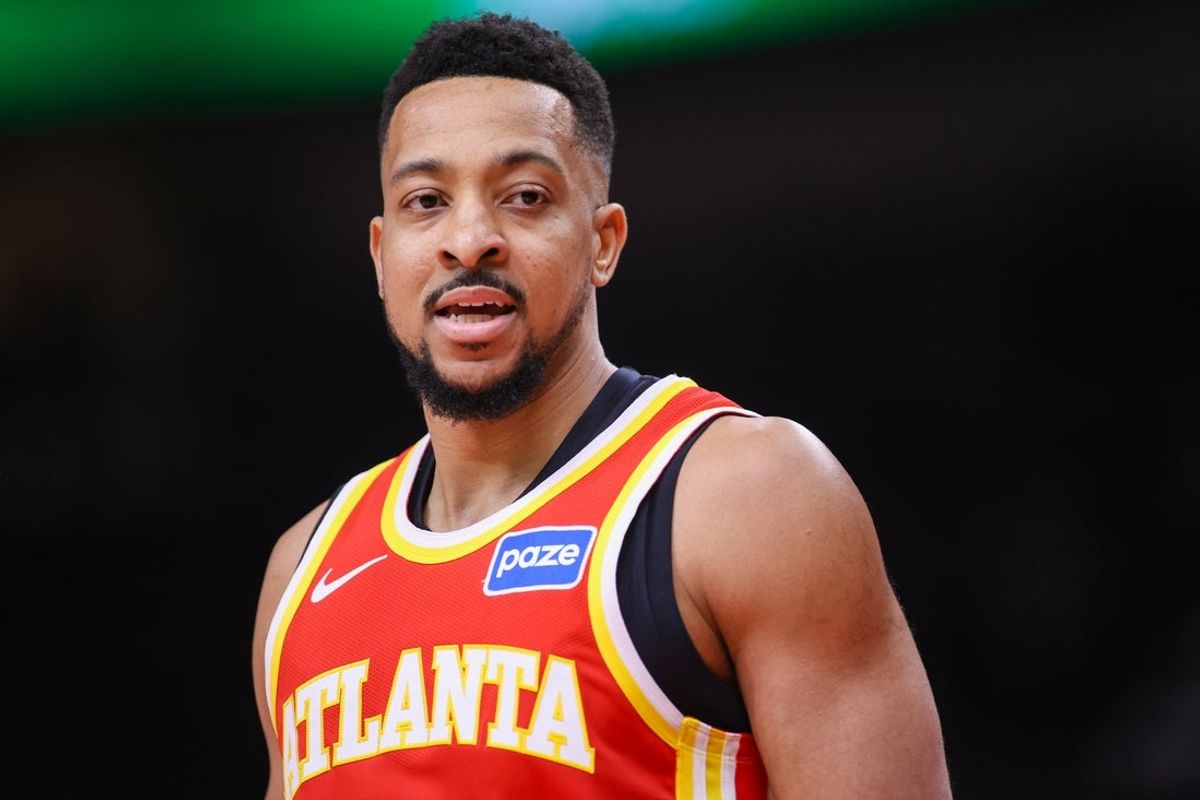 Mar 14, 2026; Atlanta, Georgia, USA; Atlanta Hawks guard CJ McCollum (3) in action against the Milwaukee Bucks in the first quarter at State Farm Arena. Mandatory Credit: Brett Davis-Imagn Images