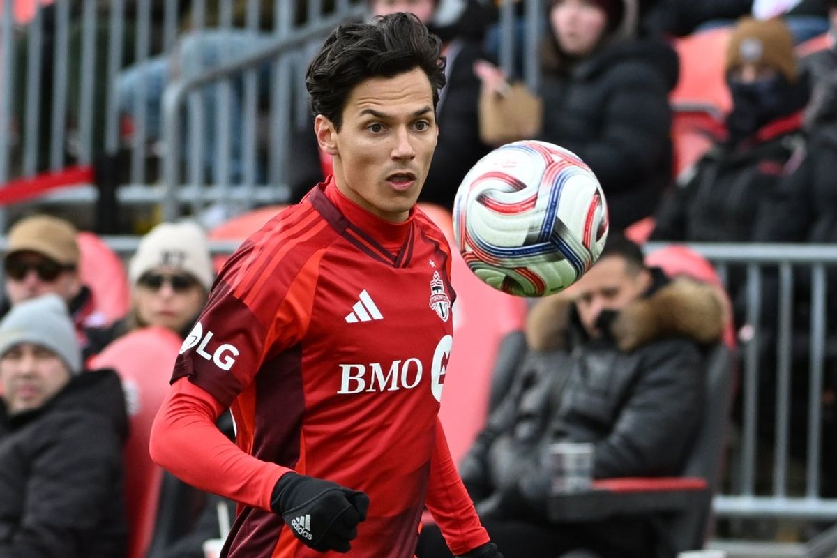 Mar 14, 2026; Toronto, Ontario, CAN;  Toronto FC midfielder Daniel Salloi (20) controls the ball against the New York Red Bulls in the second half at BMO Field. Mandatory Credit: Dan Hamilton-Imagn Images