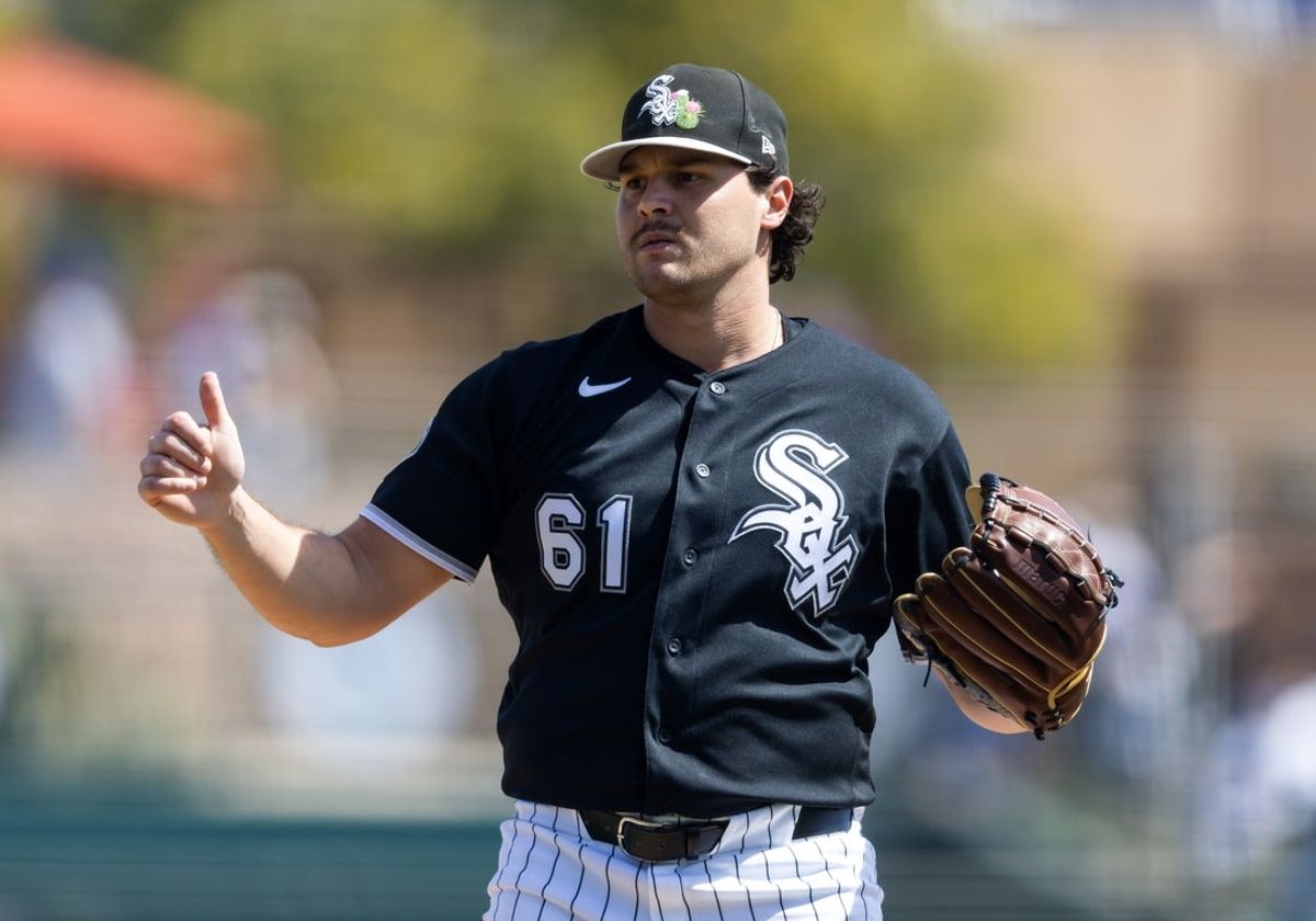 Mar 14, 2026; Phoenix, Arizona, USA; Chicago White Sox pitcher Mike Vasil against the Los Angeles Dodgers during a spring training game at Camelback Ranch-Glendale. Mandatory Credit: Mark J. Rebilas-Imagn Images