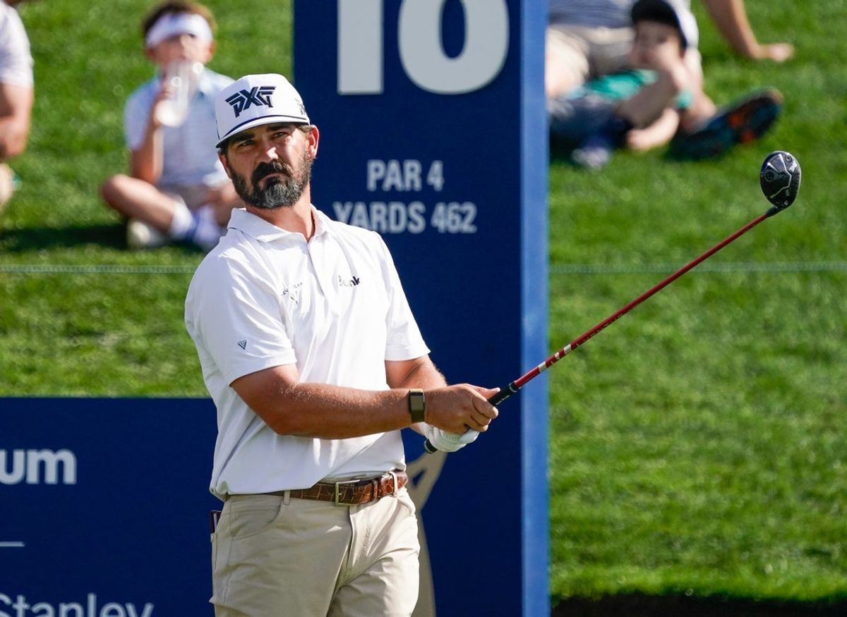 Mar 14, 2026; Ponte Vedra Beach, Florida, USA; Chad Ramey watches his tee shot on the 18th hole during the third round of THE PLAYERS Championship golf tournament. Mandatory Credit: Jeff Romance-Imagn Images