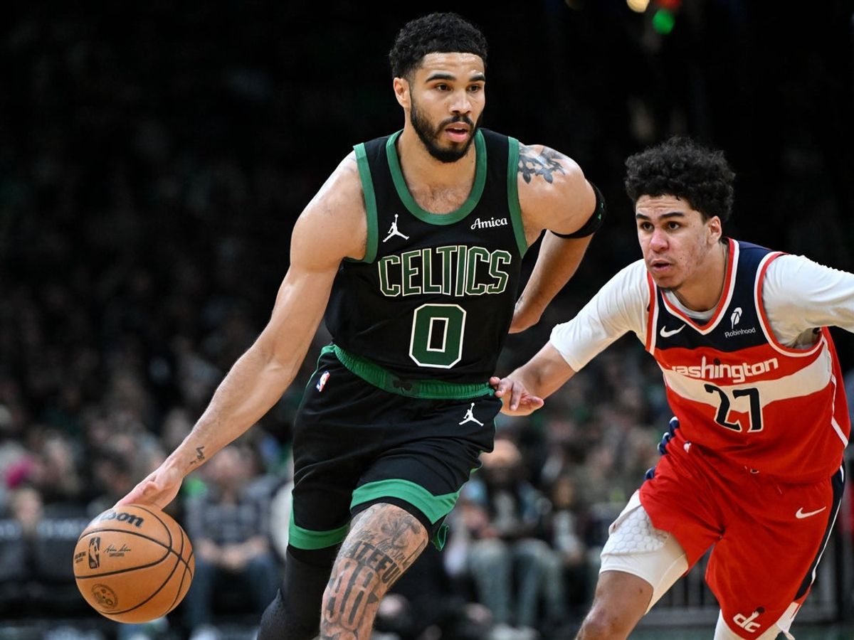 Mar 14, 2026; Boston, Massachusetts, USA; Boston Celtics forward Jayson Tatum (0) drives to the basket against Washington Wizards guard Will Riley (27) during the first half at the TD Garden. Mandatory Credit: Brian Fluharty-Imagn Images