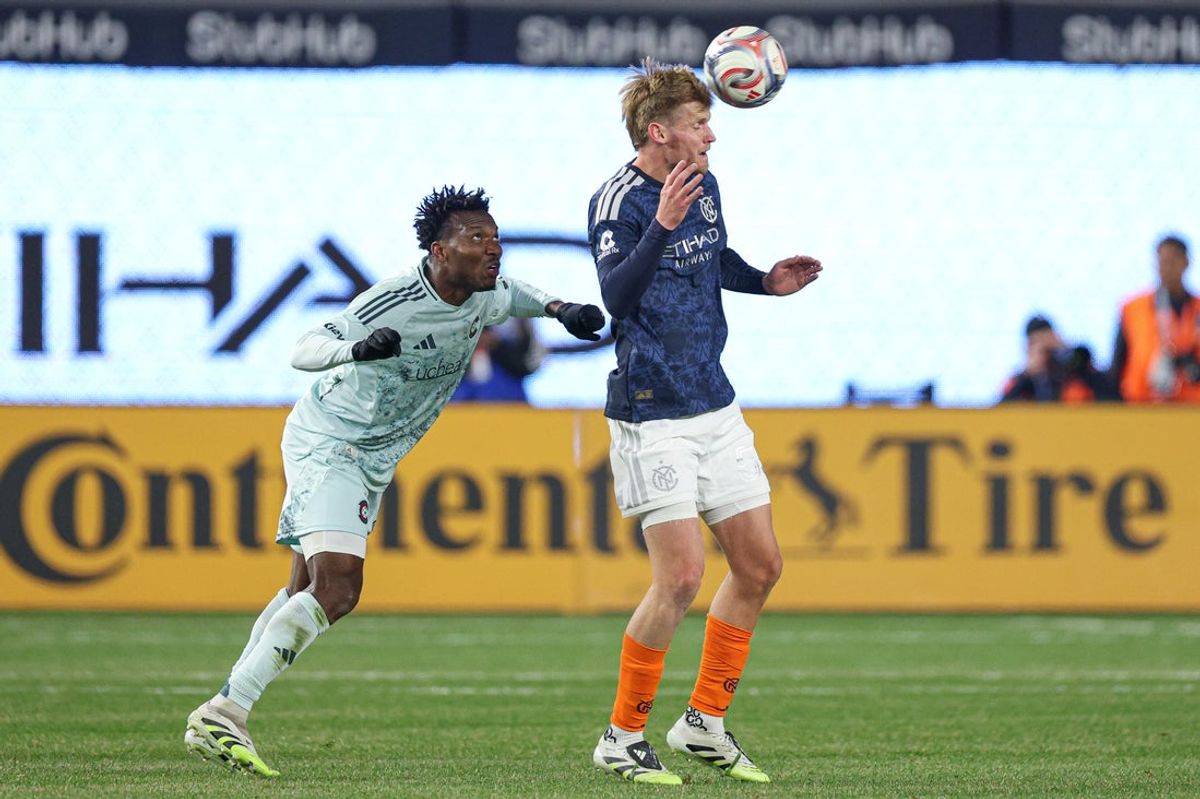Mar 14, 2026; New York, New York, USA; New York City midfielder Keaton Parks (55) plays the ball against Colorado Rapids forward Darren Yapi (77)  during the first half at Yankee Stadium. Mandatory Credit: Vincent Carchietta-Imagn Images