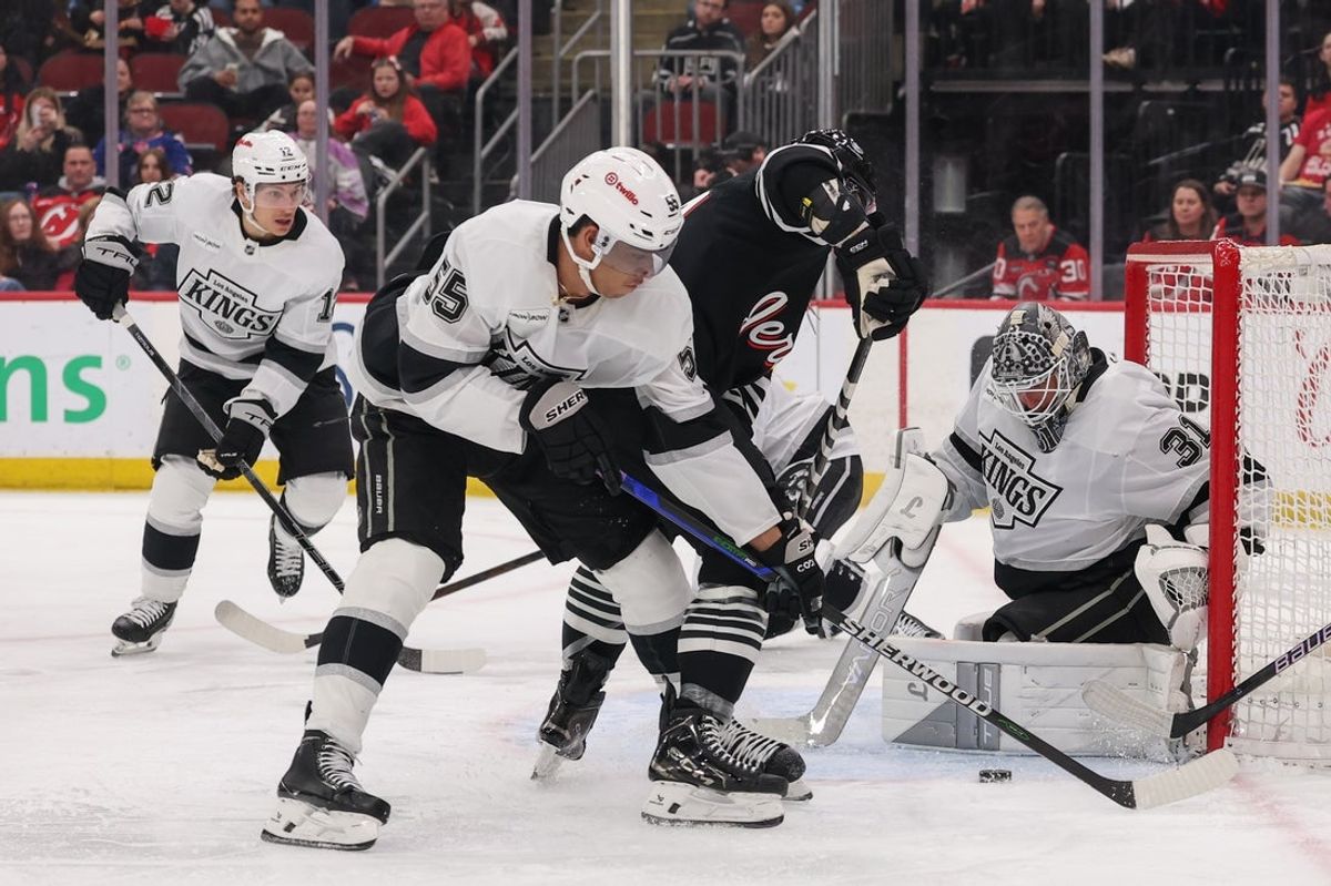 Mar 14, 2026; Newark, New Jersey, USA; Los Angeles Kings goaltender Anton Forsberg (31) makes a save against the New Jersey Devils during the second period at Prudential Center. Mandatory Credit: Ed Mulholland-Imagn Images