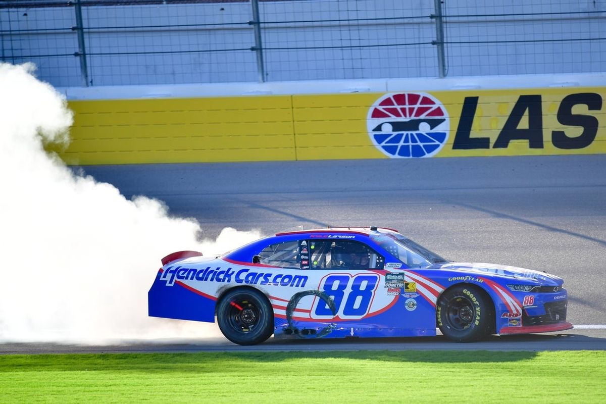 Mar 14, 2026; Las Vegas, Nevada, USA; JR Motorsports driver Kyle Larson (88) celebrates his victory of the LiUNA! at Las Vegas Motor Speedway. Mandatory Credit: Gary A. Vasquez-Imagn Images