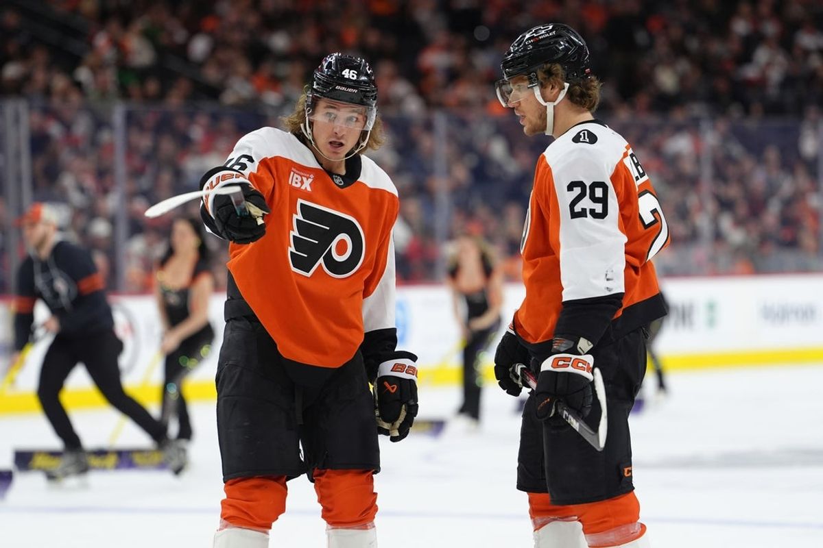 Mar 14, 2026; Philadelphia, Pennsylvania, USA; Philadelphia Flyers center Trevor Zegras (46) reacts with right wing Nikita Grebenkin (29) against the Columbus Blue Jackets in the second period at Xfinity Mobile Arena. Mandatory Credit: Kyle Ross-Imagn Images