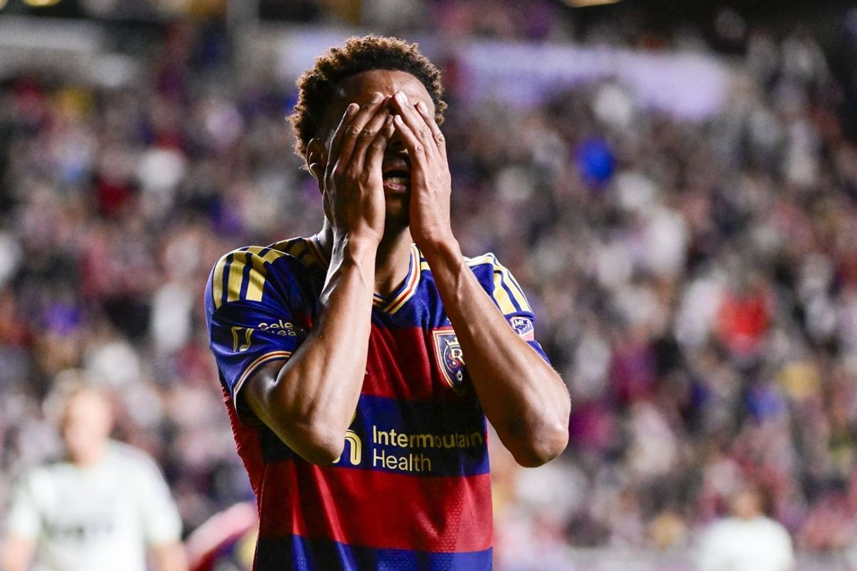 Mar 14, 2026; Sandy, Utah, USA; Real Salt Lake forward Morgan Guilavogui (9) reacts to a missed shot on goal during the first half against the Austin FC at America First Field. Mandatory Credit: Peter Creveling-Imagn Images