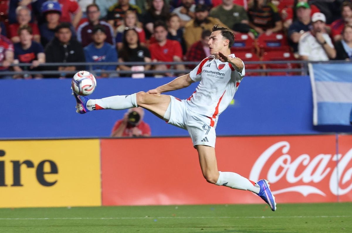 Mar 14, 2026; Frisco, Texas, USA;  FC Dallas forward Petar Musa (9) tries to controls the ball during the second half against the San Diego FC at Toyota Stadium. Mandatory Credit: Kevin Jairaj-Imagn Images