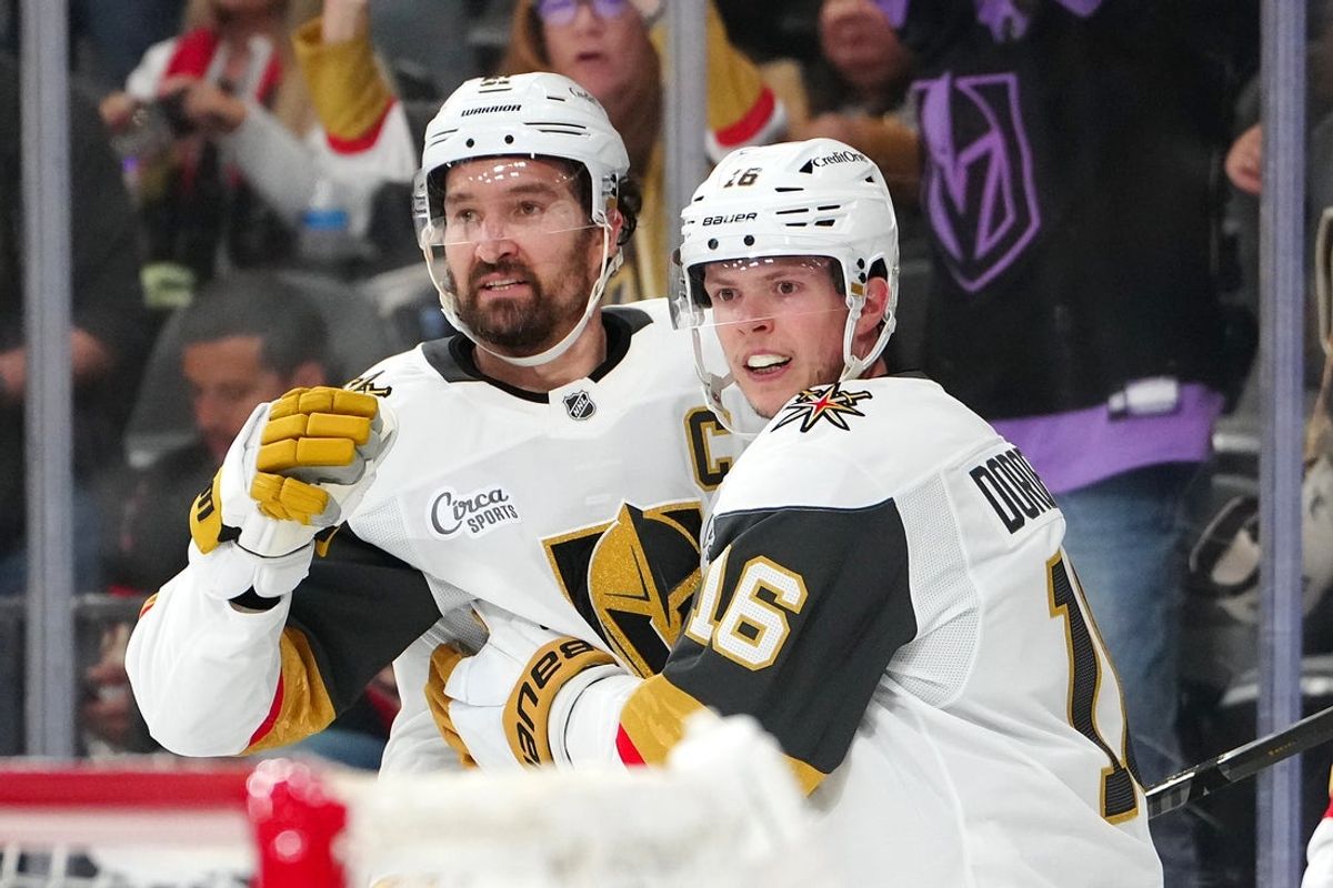 Mar 14, 2026; Las Vegas, Nevada, USA; Vegas Golden Knights right wing Pavel Dorofeyev (16) celebrates with right wing Mark Stone (61) after scoring a goal against the Chicago Blackhawks during the second period at T-Mobile Arena. Mandatory Credit: Stephen R. Sylvanie-Imagn Images