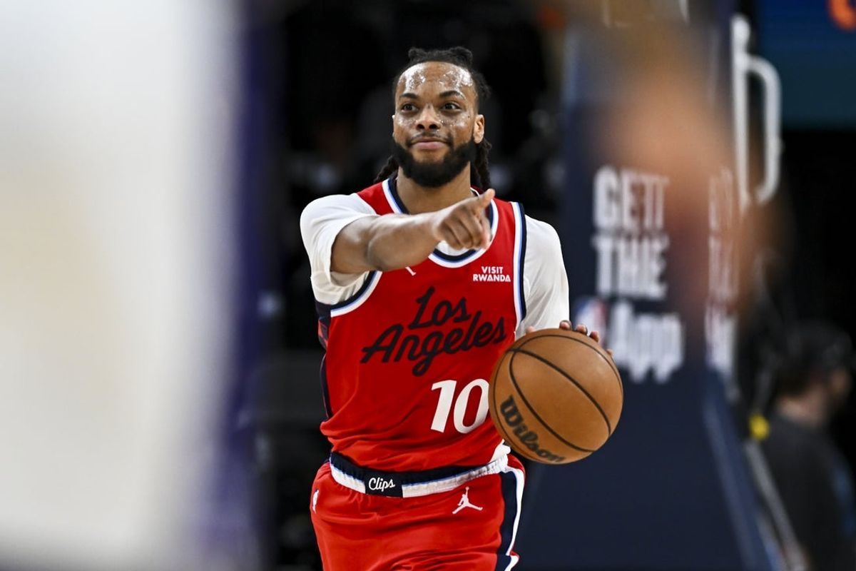 Mar 14, 2026; Inglewood, California, USA; LA Clippers guard Darius Garland (10) points against the Sacramento Kings during the second quarter at Intuit Dome. Mandatory Credit: Jonathan Hui-Imagn Images