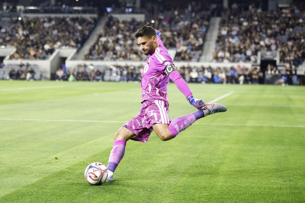 Mar 14, 2026; Los Angeles, California, USA; Los Angeles FC goalkeeper Hugo Lloris (1) kicks the ball against the St. Louis City during the first half at BMO Stadium. Mandatory Credit: William Navarro-Imagn Images