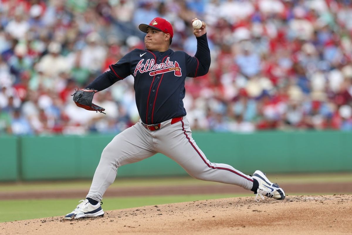 Mar 15, 2026; Clearwater, Florida, USA; Atlanta Braves starting pitcher Jose Suarez (54) against the Philadelphia Phillies in the second inning during spring training at BayCare Ballpark. Mandatory Credit: Nathan Ray Seebeck-Imagn Images