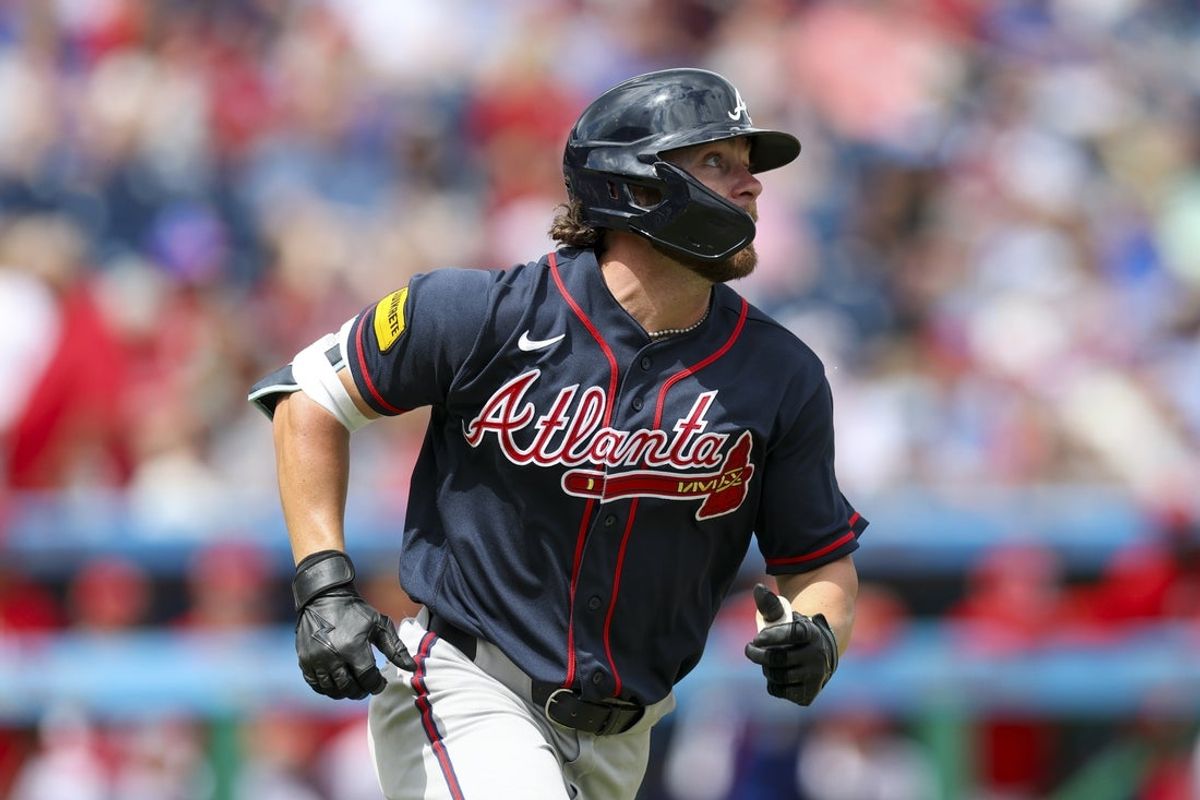 Mar 15, 2026; Clearwater, Florida, USA; Atlanta Braves shortstop Brett Wisely (0) doubles against the Philadelphia Phillies in the third inning during spring training at BayCare Ballpark. Mandatory Credit: Nathan Ray Seebeck-Imagn Images