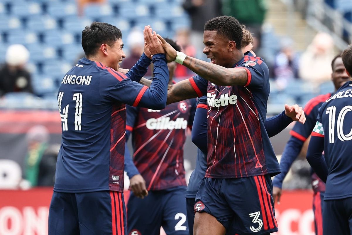 Mar 15, 2026; Foxborough, Massachusetts, USA; New England Revolution forward Luca Langoni (41) congratulates defender Brayan Ceballos (3) after he scored his second goal during the first half against the FC Cincinnati at Gillette Stadium. Mandatory Credit: Winslow Townson-Imagn Images