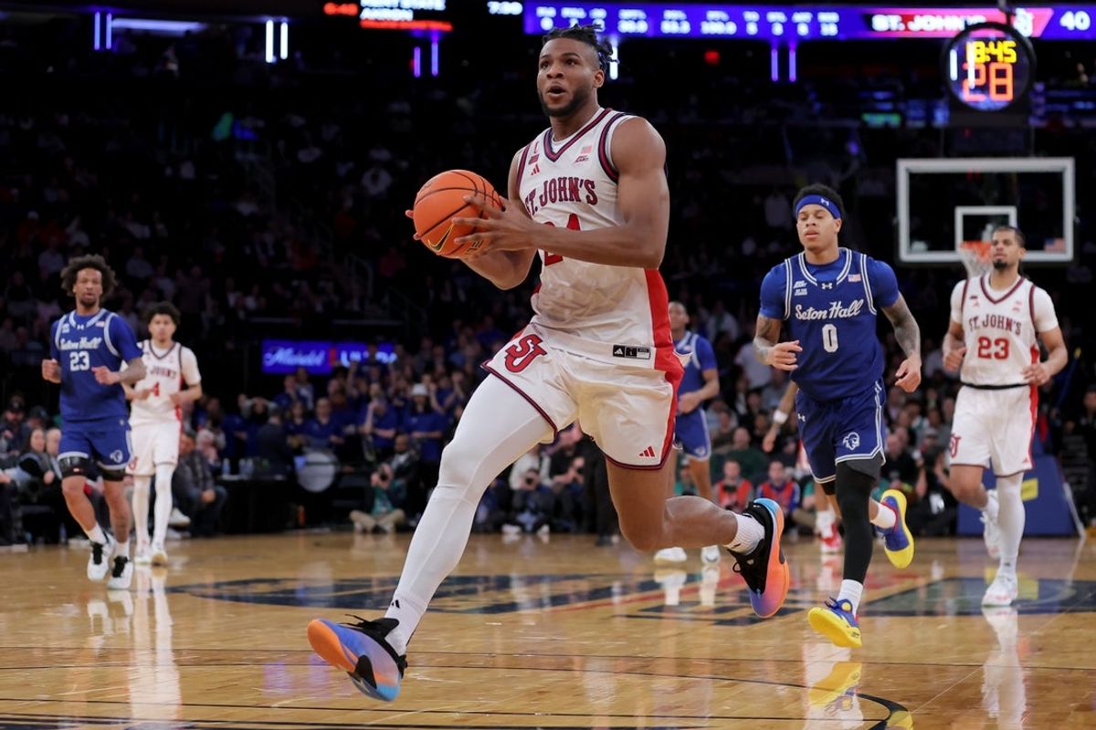 Mar 13, 2026; New York, NY, USA; St. John's Red Storm forward Zuby Ejiofor (24) drives to the basket against the Seton Hall Pirates during the second half at Madison Square Garden. Mandatory Credit: Brad Penner-Imagn Images