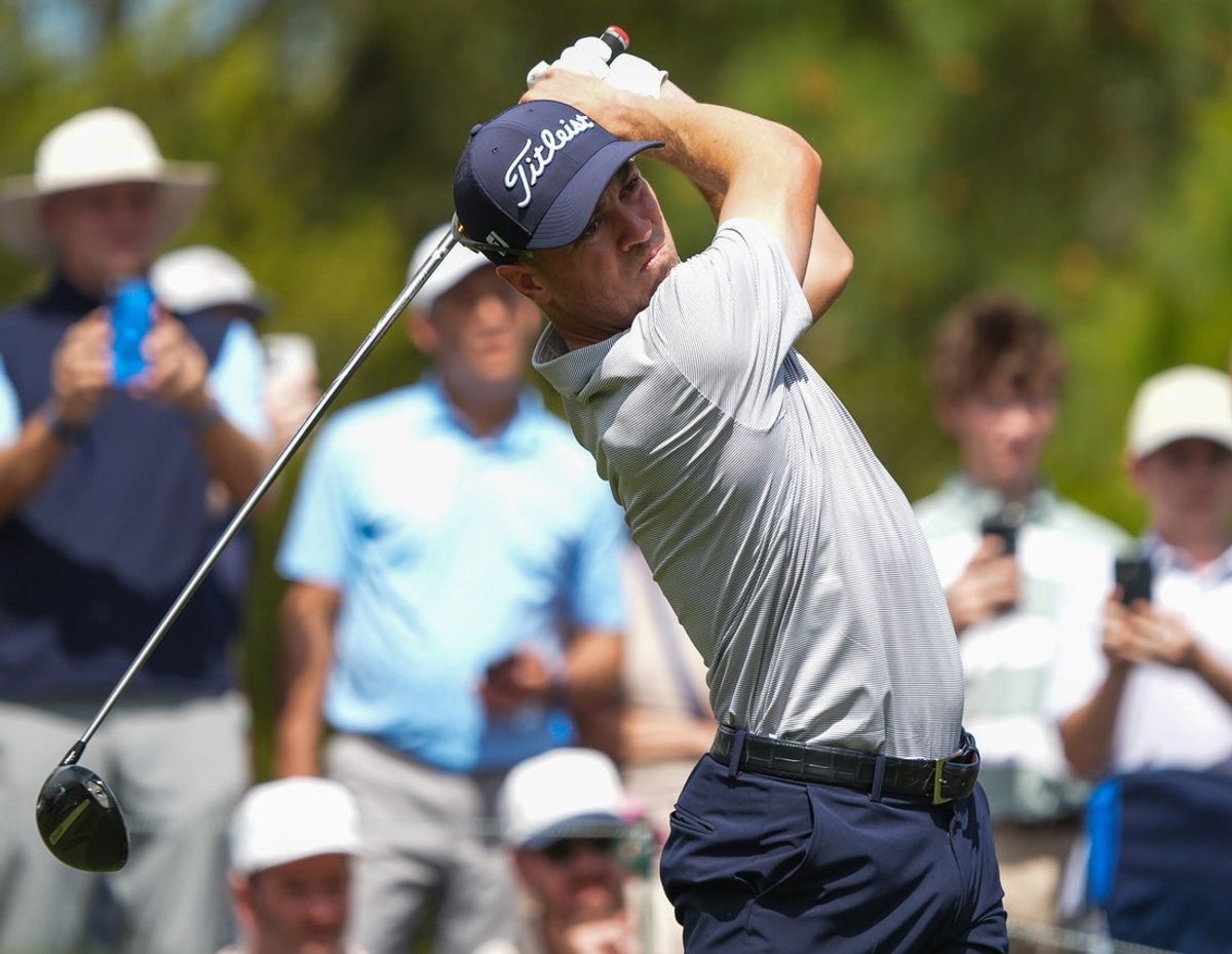 Justin Thomas tees off on the fourth hole during the final round ofThe Players Championship at The Players Stadium Course at TPC Sawgrass in Ponte Vedra Beach, Fla. Sunday March 15, 2026. [Doug Engle/Florida Times-Union]