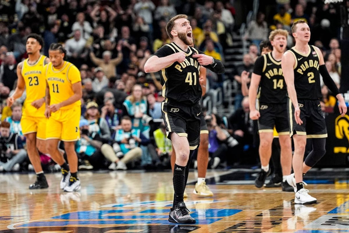 Purdue guard Braden Smith (41) celebrates a play against Michigan during the second half of Big Ten Tournament final at United Center in Chicago on Sunday, March 15, 2026.