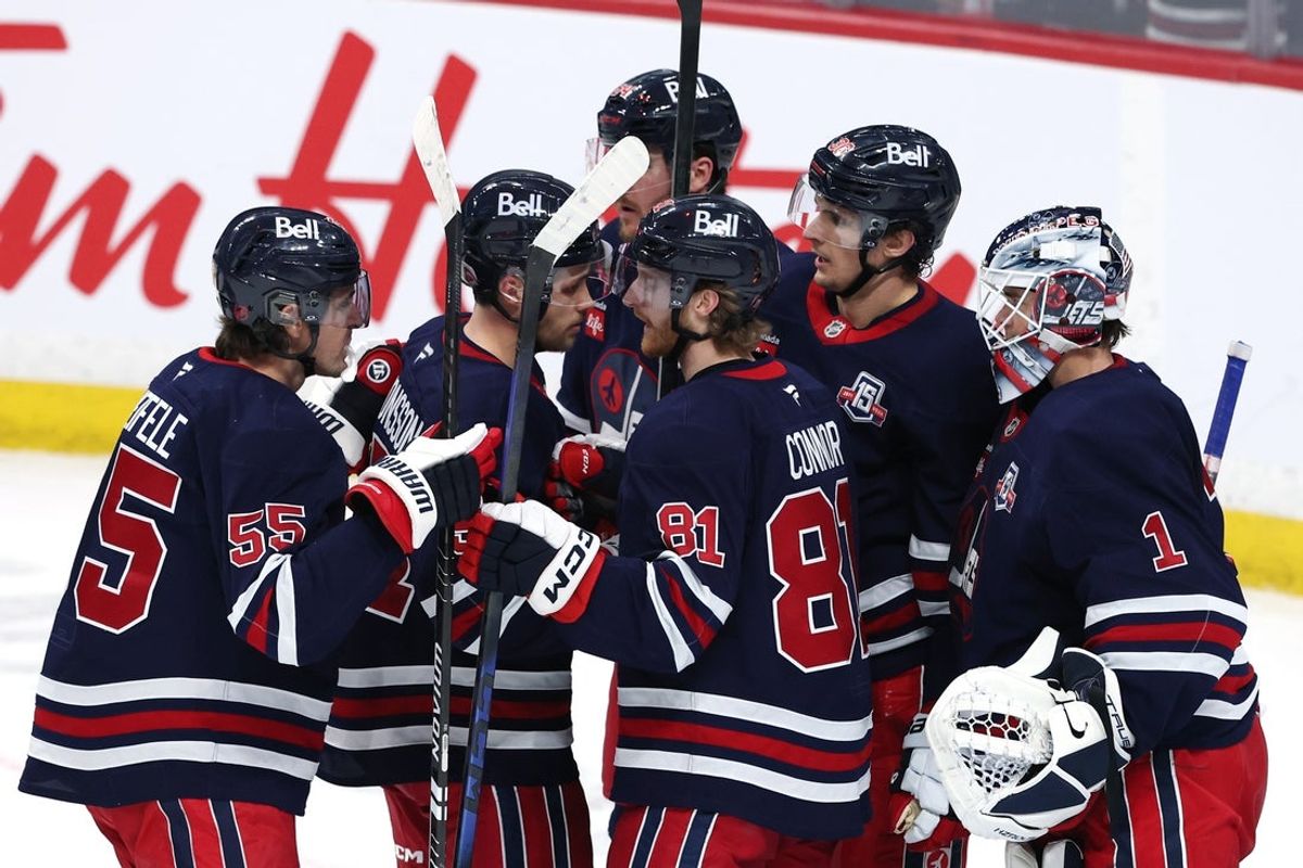 Mar 15, 2026; Winnipeg, Manitoba, CAN; Winnipeg Jets celebrate their victory over the St. Louis Blues at Canada Life Centre. Mandatory Credit: James Carey Lauder-Imagn Images
