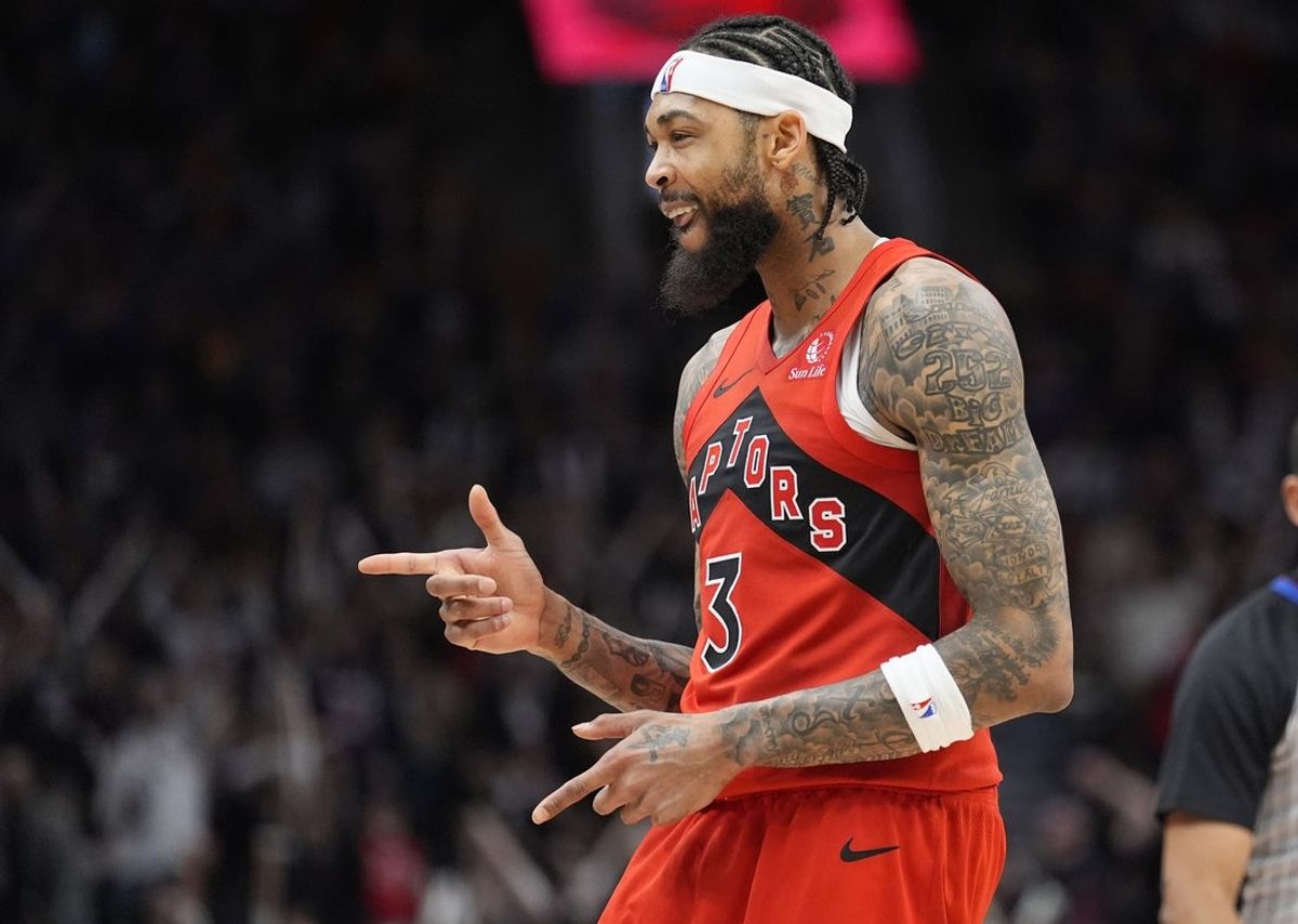 Mar 15, 2026; Toronto, Ontario, CAN; Toronto Raptors forward Brandon Ingram (3) celebrates making a three point basket against the Detroit Pistons during the second half at Scotiabank Arena. Mandatory Credit: John E. Sokolowski-Imagn Images