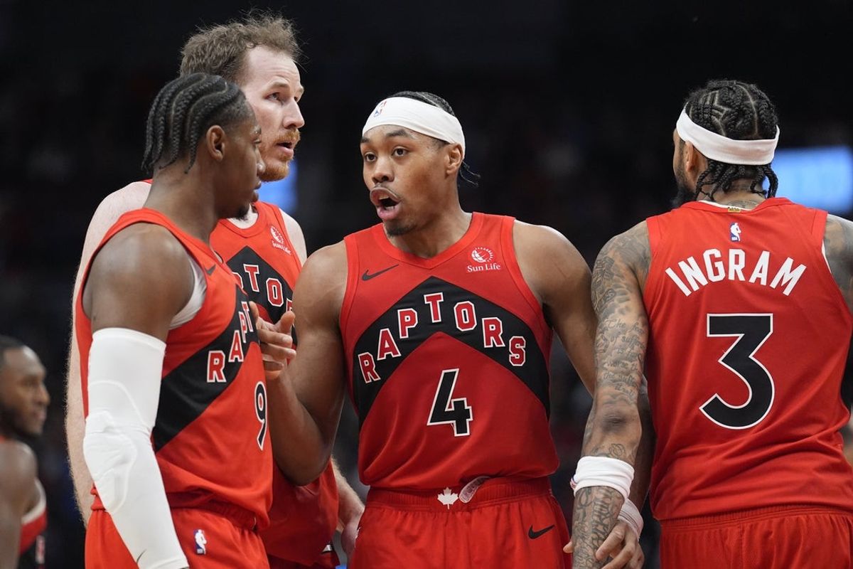 Mar 15, 2026; Toronto, Ontario, CAN; Toronto Raptors guard Scottie Barnes (4) talks to forward RJ Barrett (9) and center Jakob Poeltl (19) and forward Brandon Ingram (3) during a break in the action against the Detroit Pistons during the fourth quarter at Scotiabank Arena. Mandatory Credit: John E. Sokolowski-Imagn Images