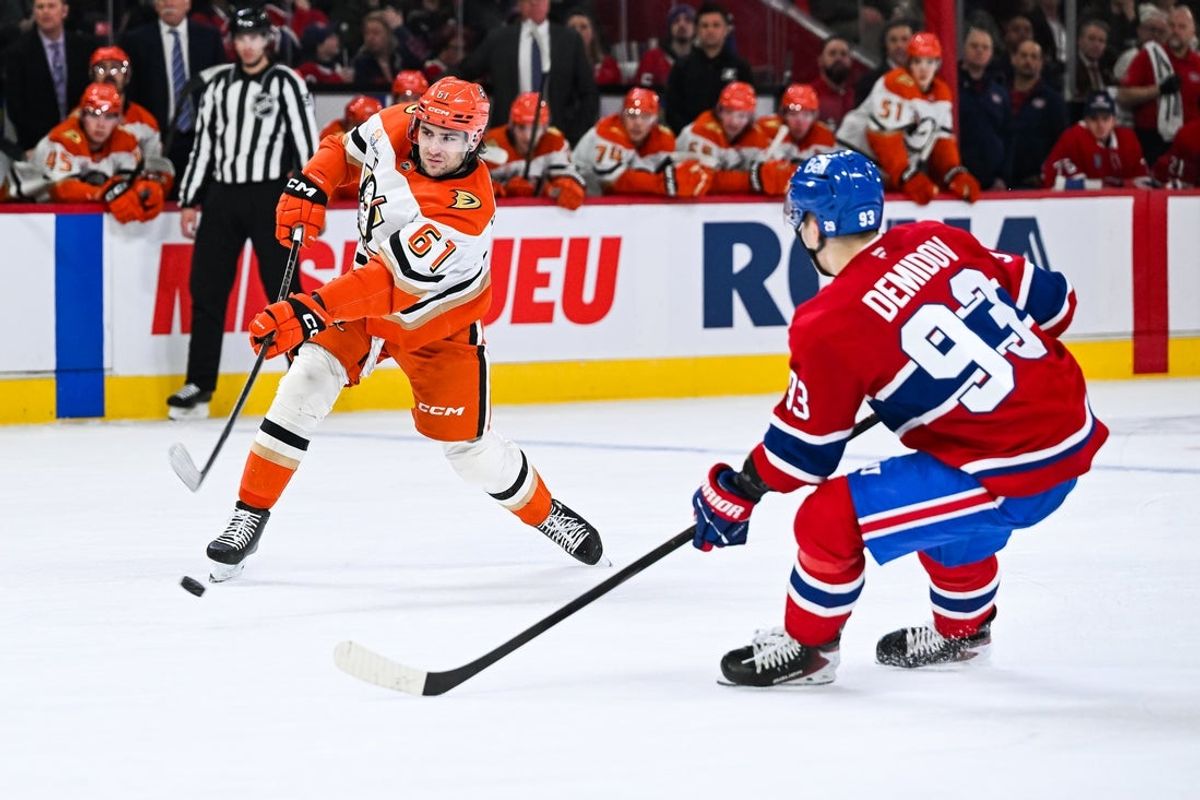 Mar 15, 2026; Montreal, Quebec, CAN; Anaheim Ducks left wing Cutter Gauthier (61) shoots the puck against Montreal Canadiens right wing Ivan Demidov (93) during the second period at Bell Centre. Mandatory Credit: David Kirouac-Imagn Images