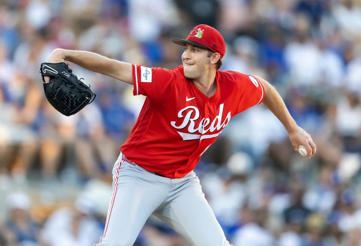 Mar 12, 2026; Phoenix, Arizona, USA; Cincinnati Reds pitcher Nick Lodolo against the Los Angeles Dodgers during a spring training game at Camelback Ranch-Glendale. Mandatory Credit: Mark J. Rebilas-Imagn Images