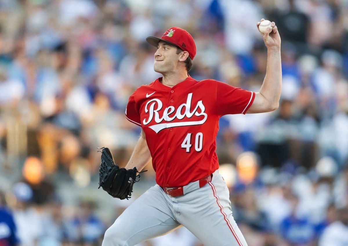 Mar 12, 2026; Phoenix, Arizona, USA; Cincinnati Reds pitcher Nick Lodolo against the Los Angeles Dodgers during a spring training game at Camelback Ranch-Glendale. Mandatory Credit: Mark J. Rebilas-Imagn Images