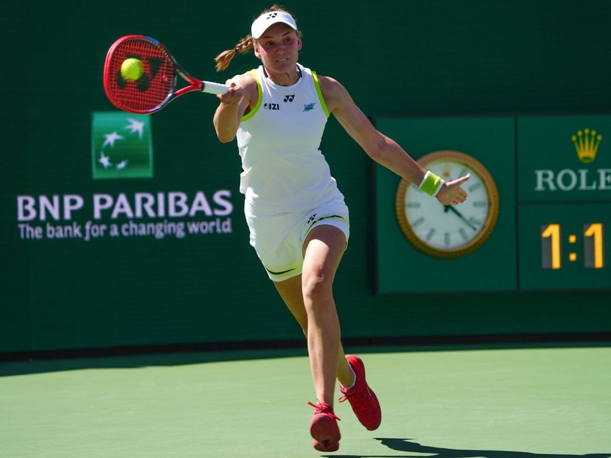 Elena Rybakina hits a shot against Aryna Sabalenka during the BNP Paribas Open in Indian Wells, Calif., March 15, 2026.