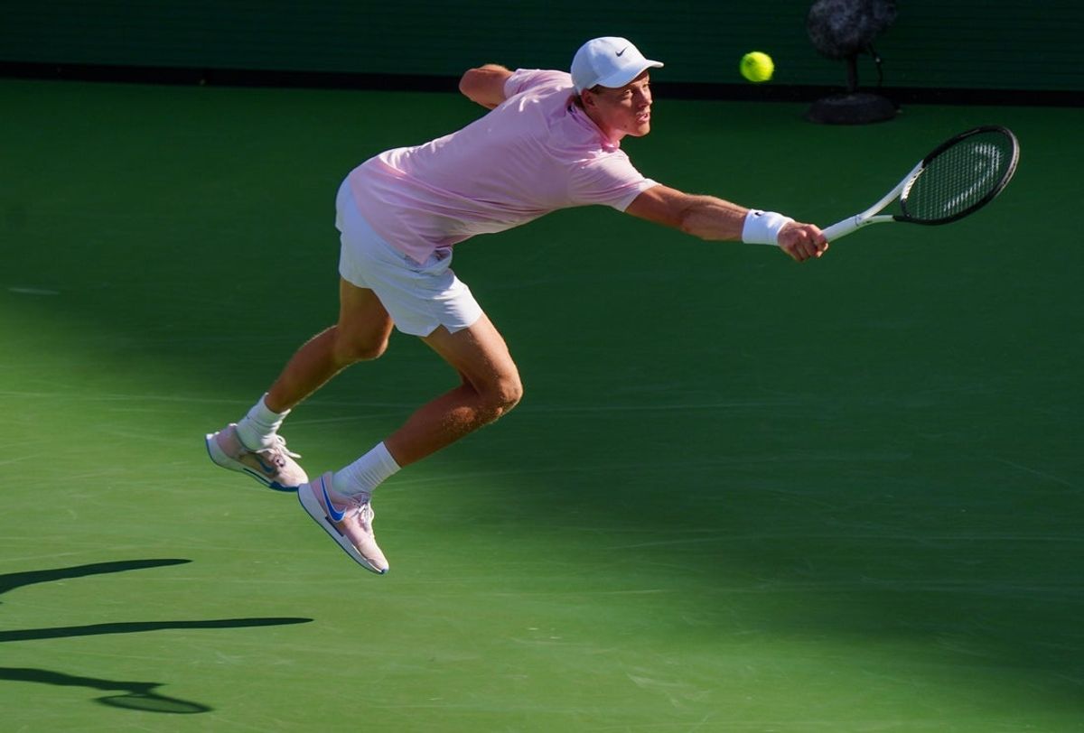 Jannik Sinner reaches for a backhand during his victory over Daniil Medvedev in the men’s final at the BNP Paribas Open in Indian Wells, Calif., March 15, 2026.