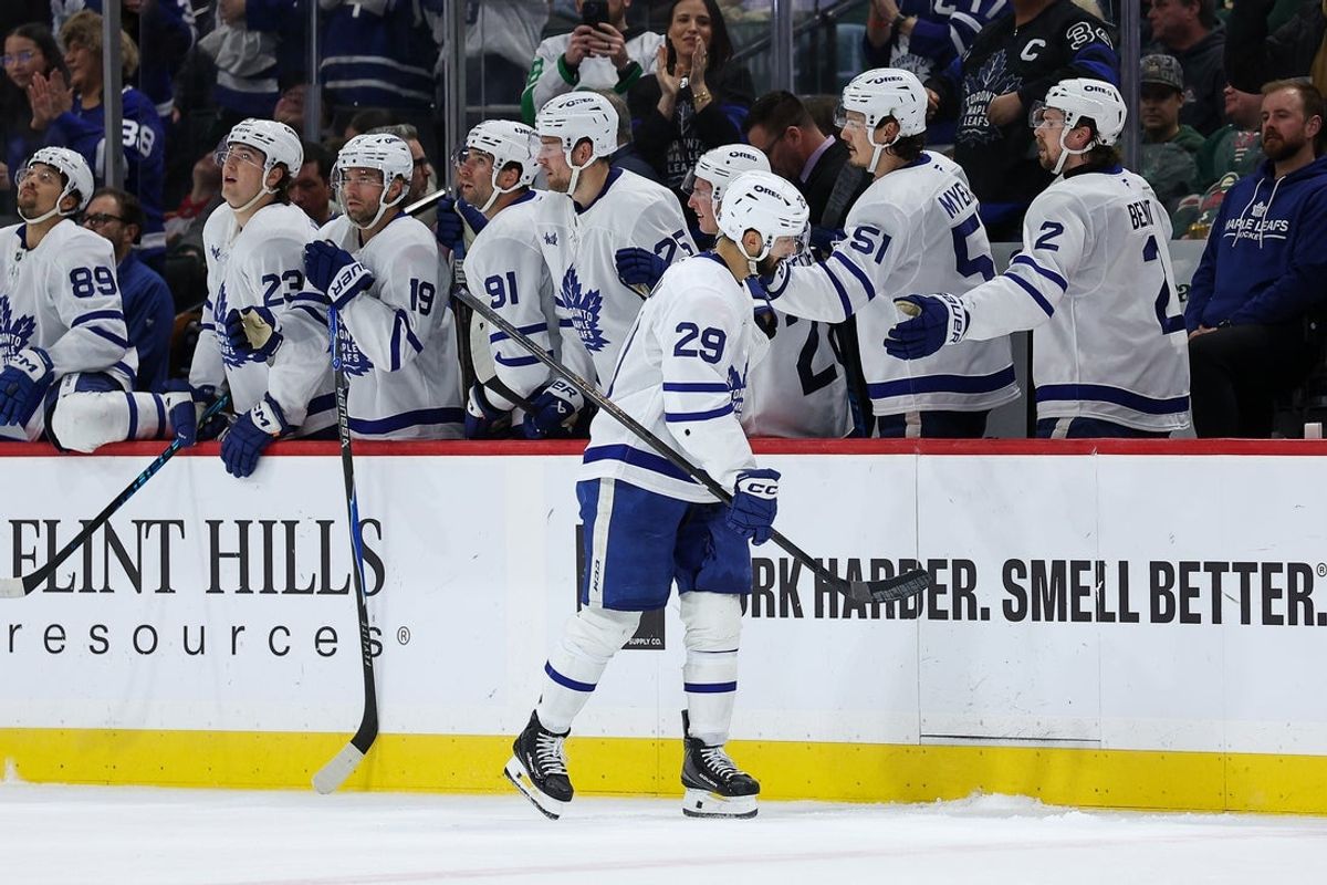 Mar 15, 2026; Saint Paul, Minnesota, USA; Toronto Maple Leafs center Benoit-Olivier Grouix (29) celebrates his goal during the second period at Grand Casino Arena. Mandatory Credit: Matt Krohn-Imagn Images