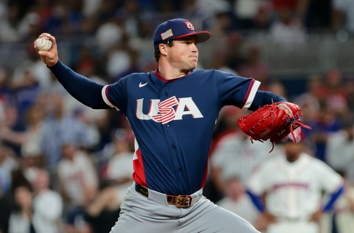 Mar 15, 2026; Miami, FL, United States; United States pitcher Mason Miller (19) delivers a pitch in the ninth inning against the Dominican Republic during a semifinal game of the 2026 World Baseball Classic at loanDepot Park. Mandatory Credit: Sam Navarro-Imagn Images