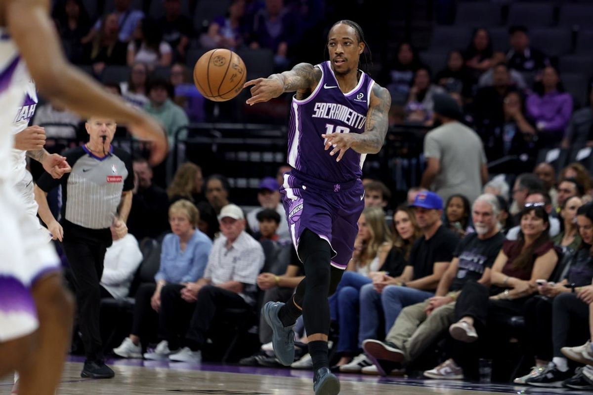 Mar 15, 2026; Sacramento, California, USA; Sacramento Kings guard-forward DeMar DeRozan (10) passes the ball against the Utah Jazz during the second quarter at Golden 1 Center. Mandatory Credit: Dennis Lee-Imagn Images