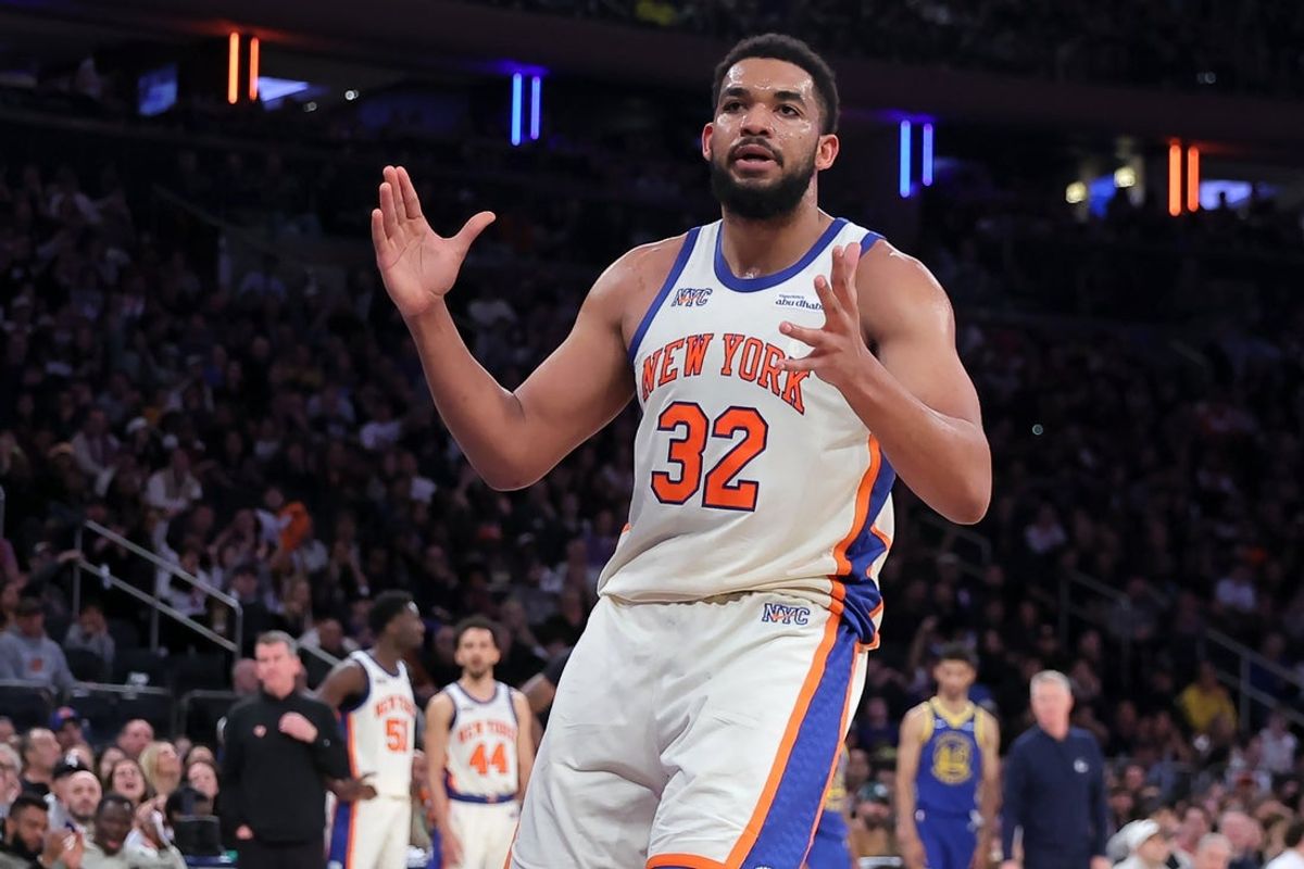 Mar 15, 2026; New York, New York, USA; New York Knicks center Karl-Anthony Towns (32) reacts during the third quarter against the Golden State Warriors at Madison Square Garden. Mandatory Credit: Brad Penner-Imagn Images