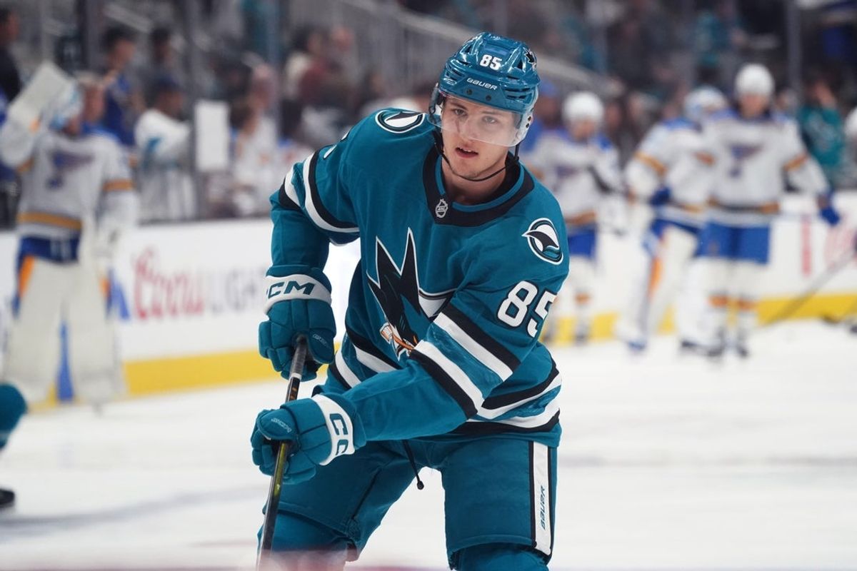 Mar 6, 2026; San Jose, California, USA; San Jose Sharks defenseman Shakir Mukhamadullin (85) warms up before the game against the St. Louis Blues at SAP Center at San Jose. Mandatory Credit: David Gonzales-Imagn Images