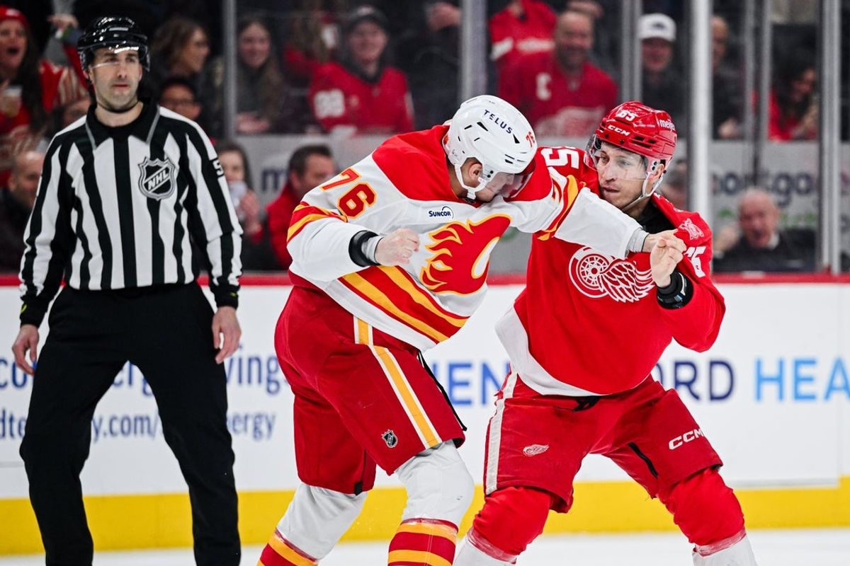 Mar 16, 2026; Detroit, Michigan, USA; Calgary Flames center Martin Pospisil (76) and Detroit Red Wings right wing Dominik Shine (65) fight during the first period at Little Caesars Arena. Mandatory Credit: Tim Fuller-Imagn Images