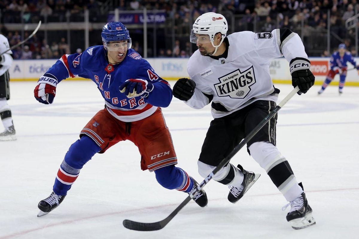 Mar 16, 2026; New York, New York, USA; New York Rangers center Noah Laba (42) skates against Los Angeles Kings defenseman Cody Ceci (5) during the second period at Madison Square Garden. Mandatory Credit: Brad Penner-Imagn Images