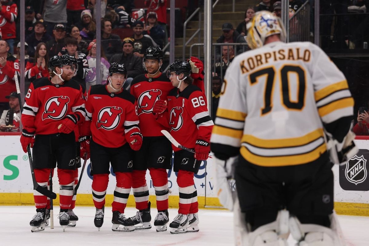 Mar 16, 2026; Newark, New Jersey, USA; New Jersey Devils left wing Jesper Bratt (63) celebrates his goal against the Boston Bruins during the second period at Prudential Center. Mandatory Credit: Ed Mulholland-Imagn Images