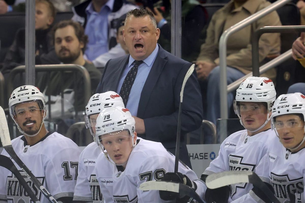 Mar 16, 2026; New York, New York, USA; Los Angeles Kings head coach D.J. Smith coaches against the New York Rangers during the first period at Madison Square Garden. Mandatory Credit: Brad Penner-Imagn Images