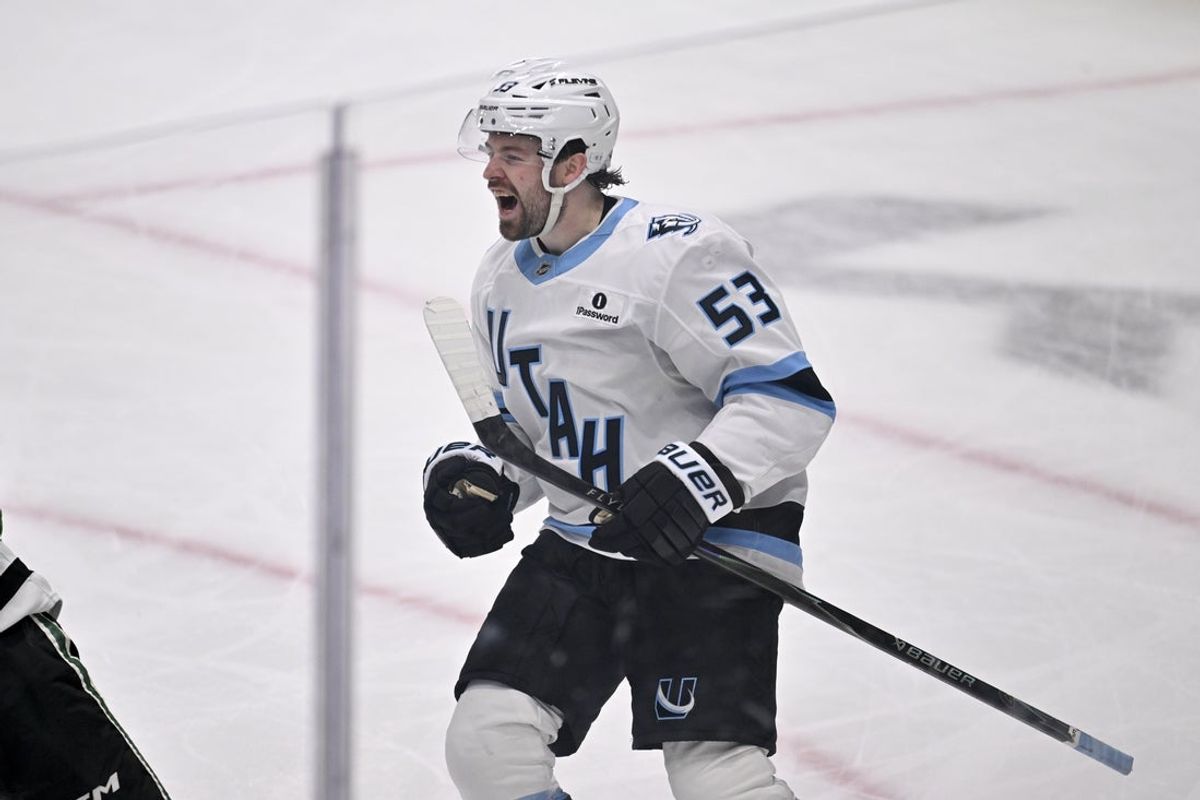 Mar 16, 2026; Dallas, Texas, USA; Utah Mammoth left wing Michael Carcone (53) celebrates after he scores against the Dallas Stars during the third period at the American Airlines Center. Mandatory Credit: Jerome Miron-Imagn Images