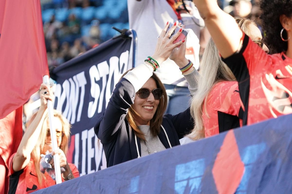 Mar 14, 2026; San Jose, California, USA;  Bay FC CEO Stacy Johns cheers with the fans during a game against Denver Summit FC in the second half at PayPal Park. Mandatory Credit: David Gonzales-Imagn Images