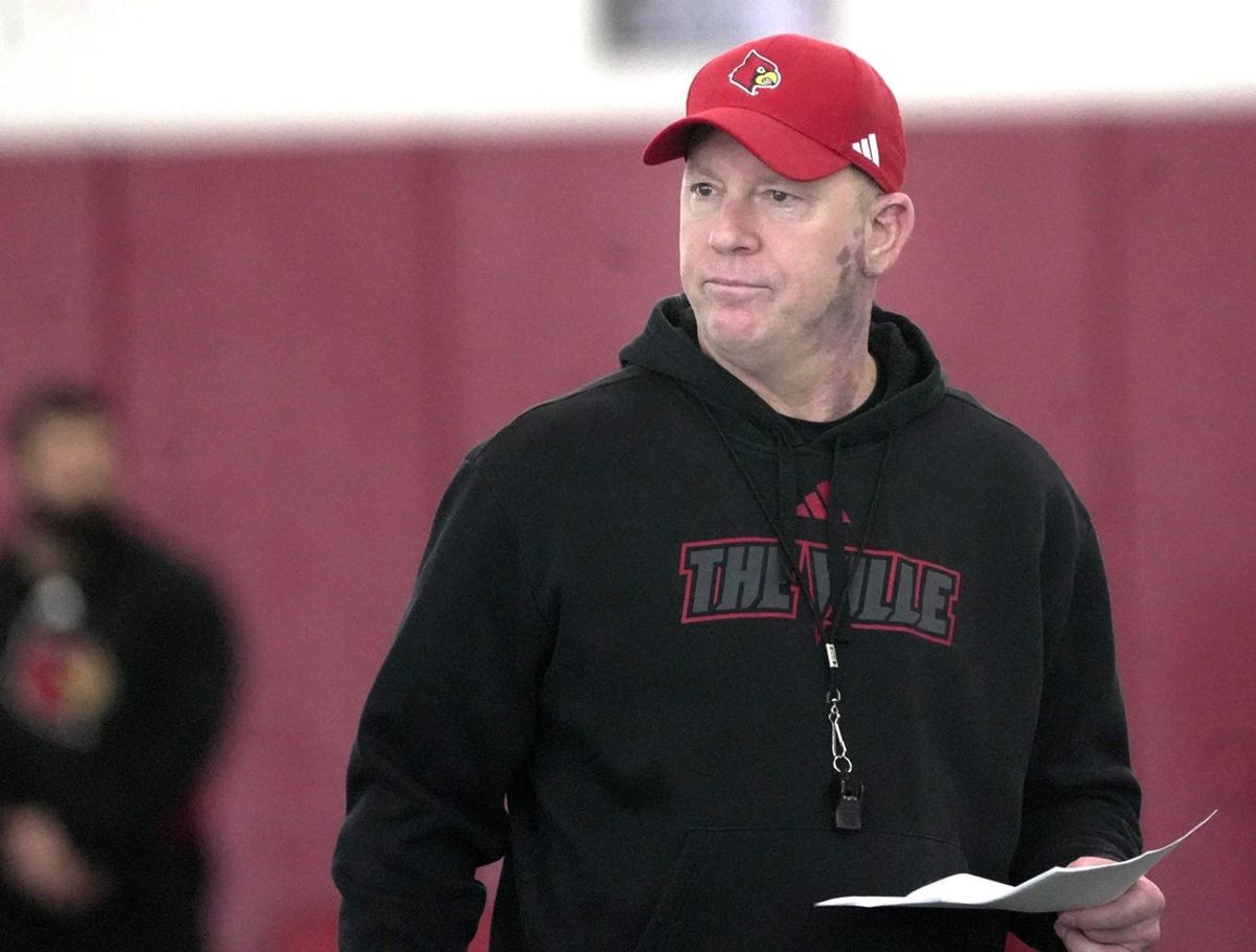 Louisville’s Jeff Brohm, Head Coach, watches everyone in football practice at the Trager Center.
March 17, 2026