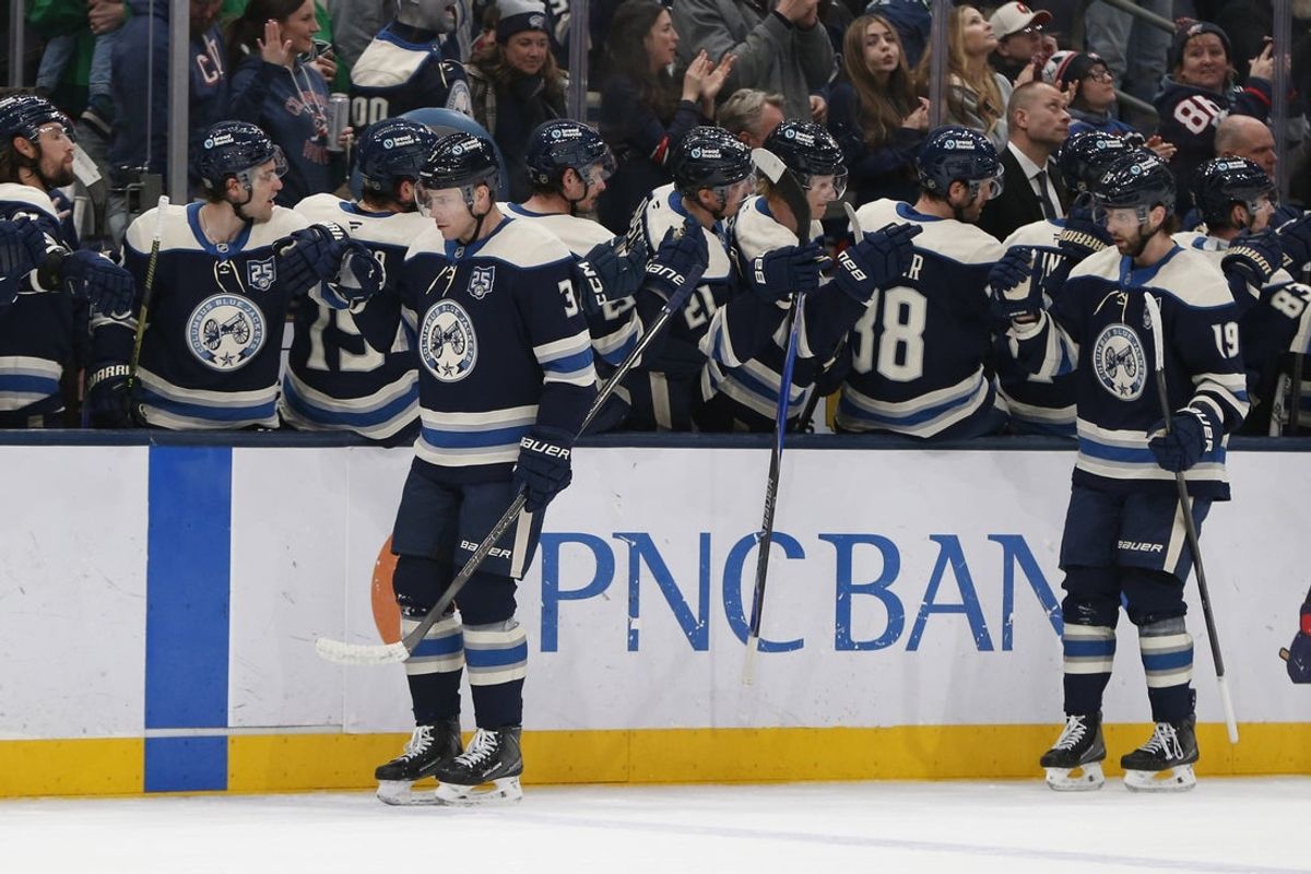 Mar 17, 2026; Columbus, Ohio, USA; Columbus Blue Jackets center Charlie Coyle (3) celebrates his goal against the Carolina Hurricanes during the first period at Nationwide Arena. Mandatory Credit: Russell LaBounty-Imagn Images