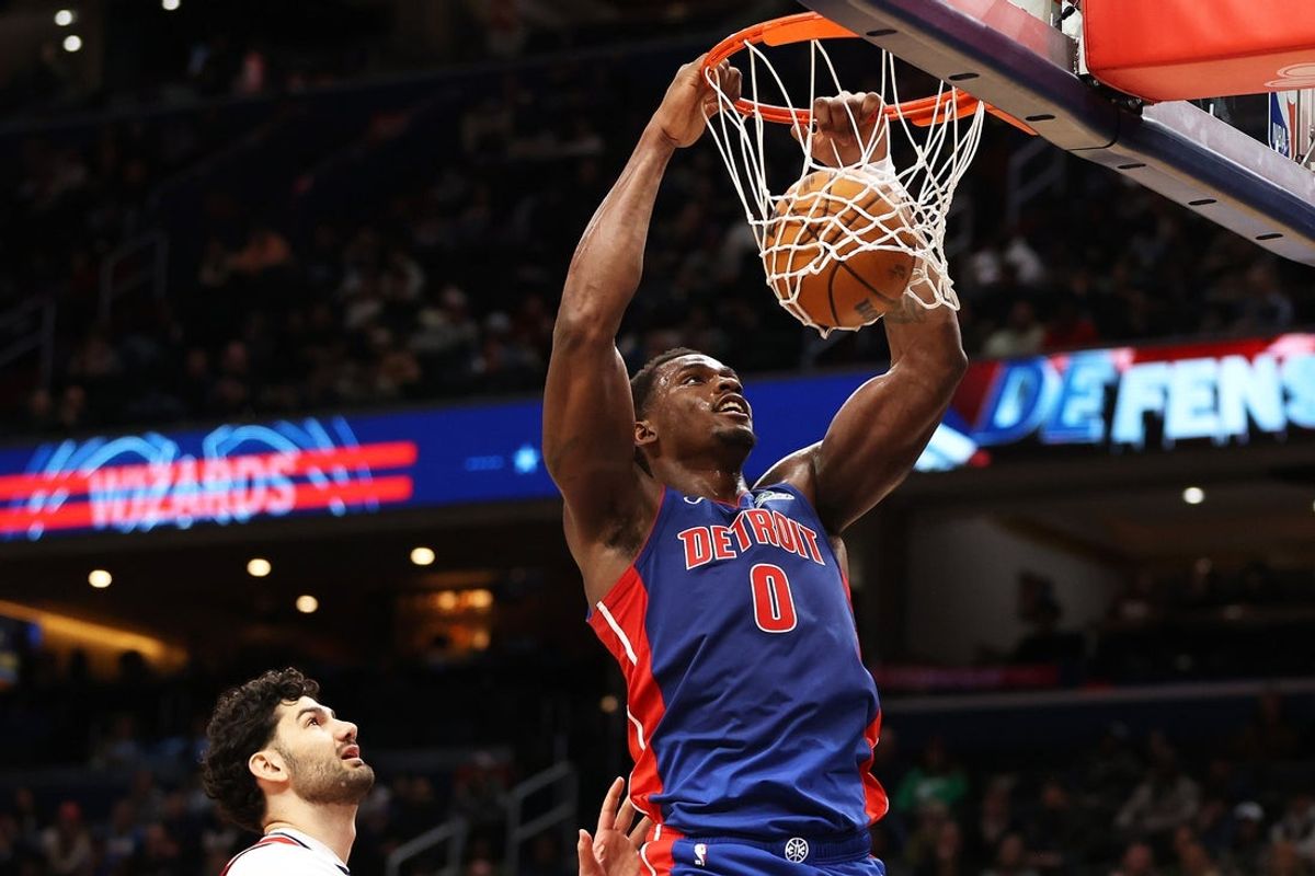 Mar 17, 2026; Washington, District of Columbia, USA; Detroit Pistons center Jalen Duren (0) dunks during the first half against the Washington Wizards at Capital One Arena. Mandatory Credit: Daniel Kucin Jr.-Imagn Images