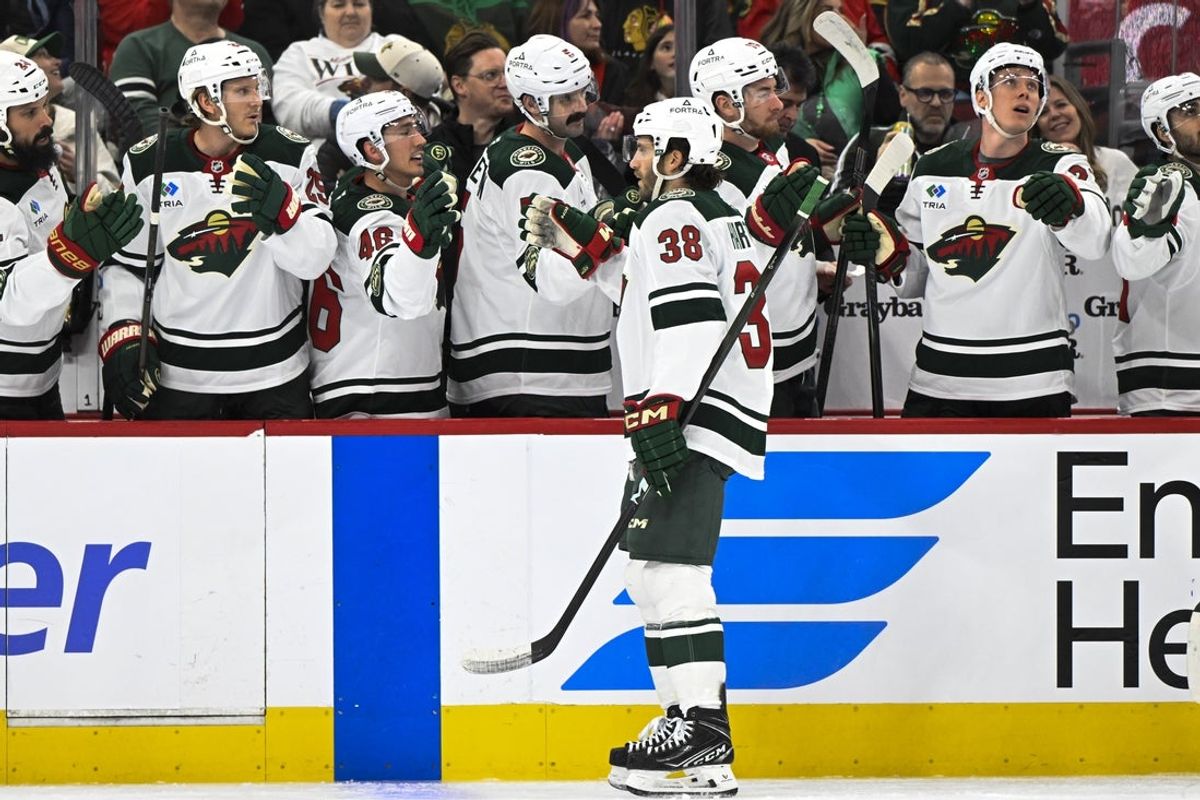 Mar 17, 2026; Chicago, Illinois, USA;  Minnesota Wild right wing Ryan Hartman (38) celebrates with teammates after scoring a goal against the Chicago Blackhawks during the first period at United Center. Mandatory Credit: Matt Marton-Imagn Images