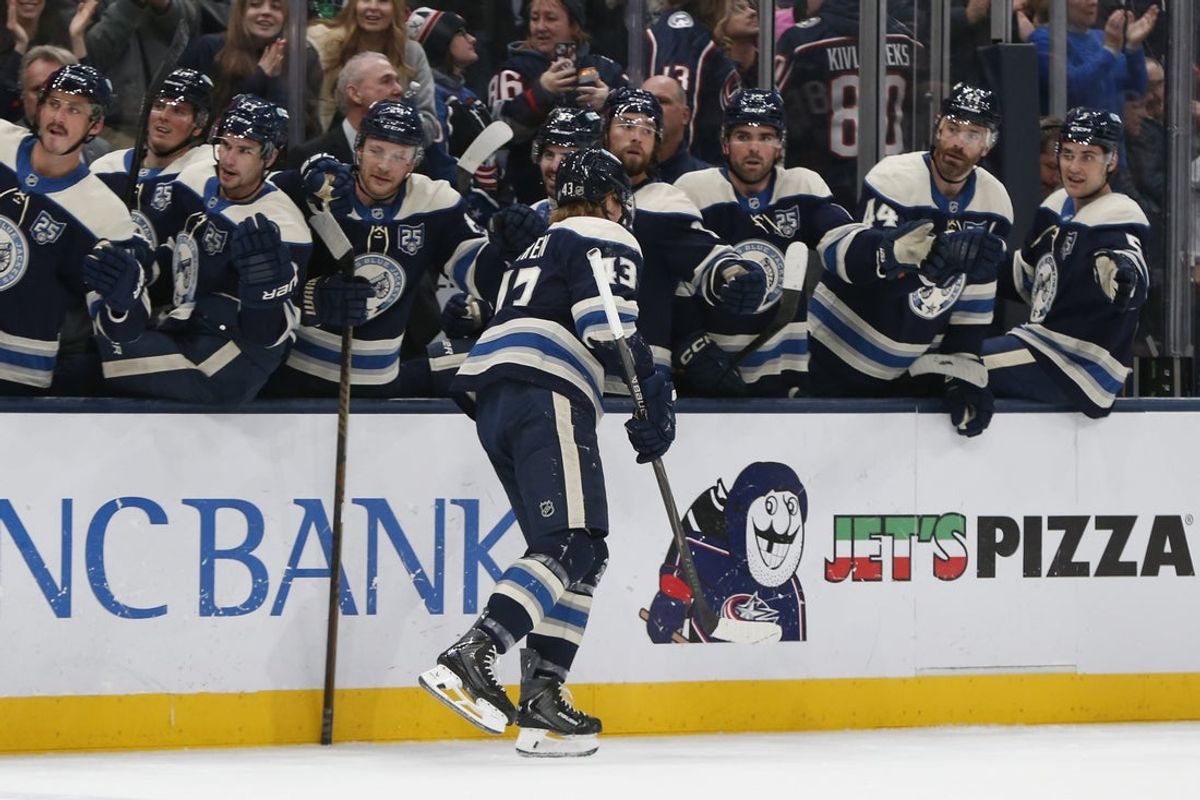 Mar 17, 2026; Columbus, Ohio, USA; Columbus Blue Jackets defenseman Danton Heinen (43) celebrates scoring a  goal against the Carolina Hurricanes during the second period at Nationwide Arena. Mandatory Credit: Russell LaBounty-Imagn Images