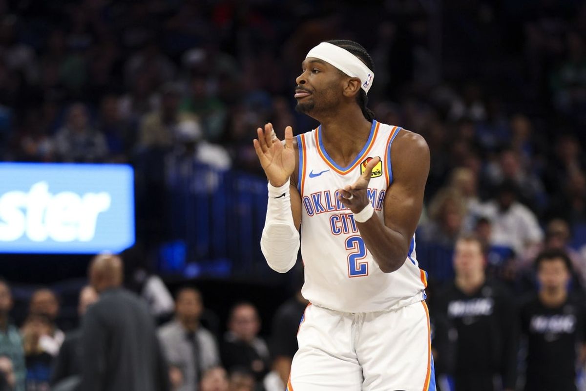 Mar 17, 2026; Orlando, Florida, USA; Oklahoma City Thunder guard Shai Gilgeous-Alexander (2) reacts after making a basket against the Orlando Magic in the fourth quarter at Kia Center. Mandatory Credit: Nathan Ray Seebeck-Imagn Images